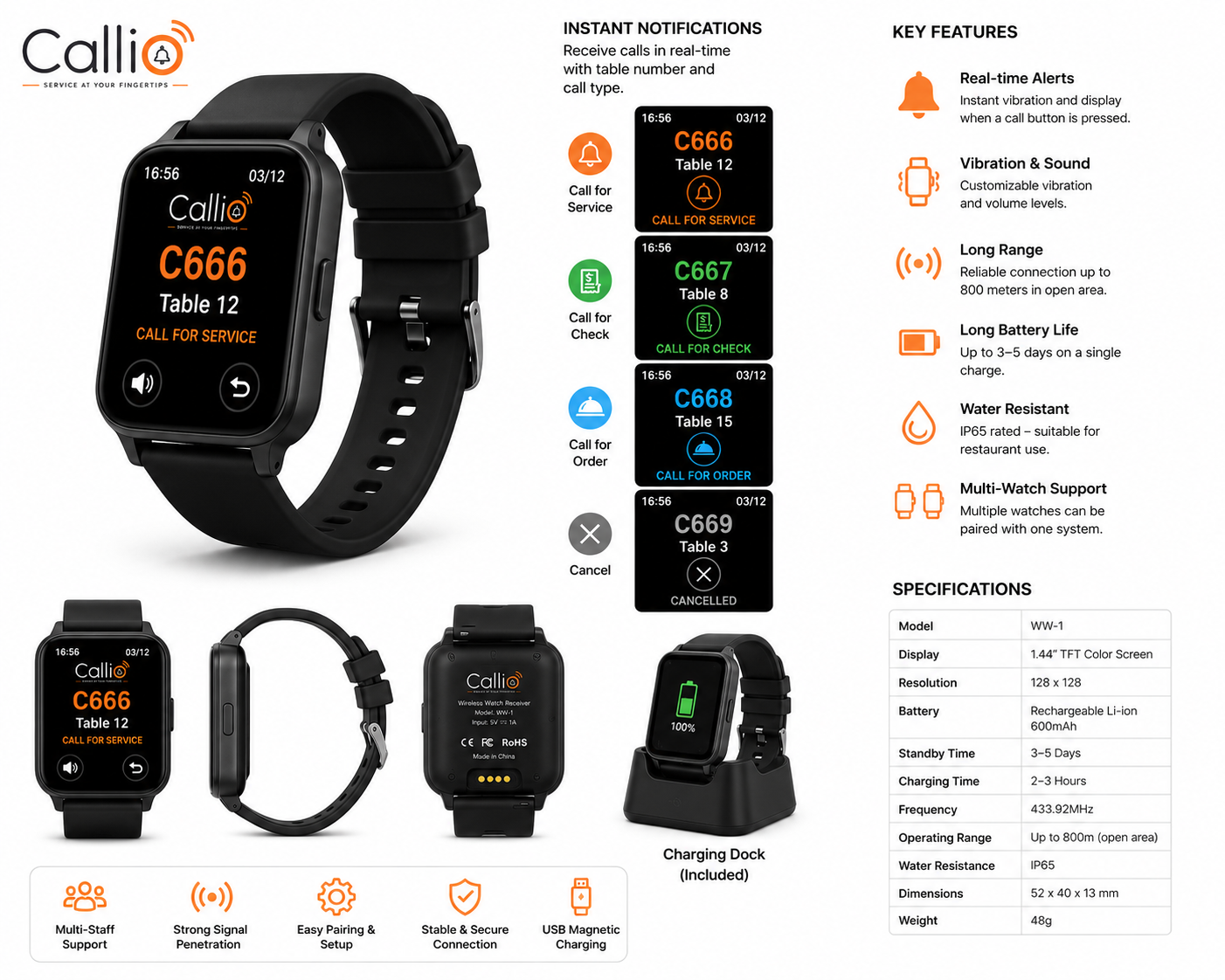 Callio WW-1 watch receiver — notification screens, charging dock and specifications